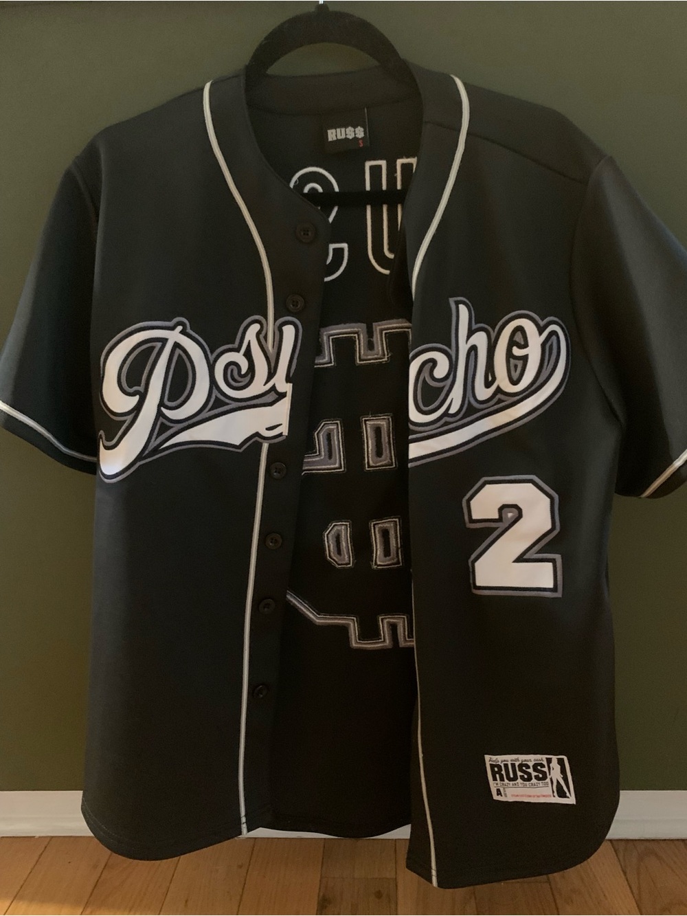 Russ Black Baseball-Style Jersey with White Script & Number 2